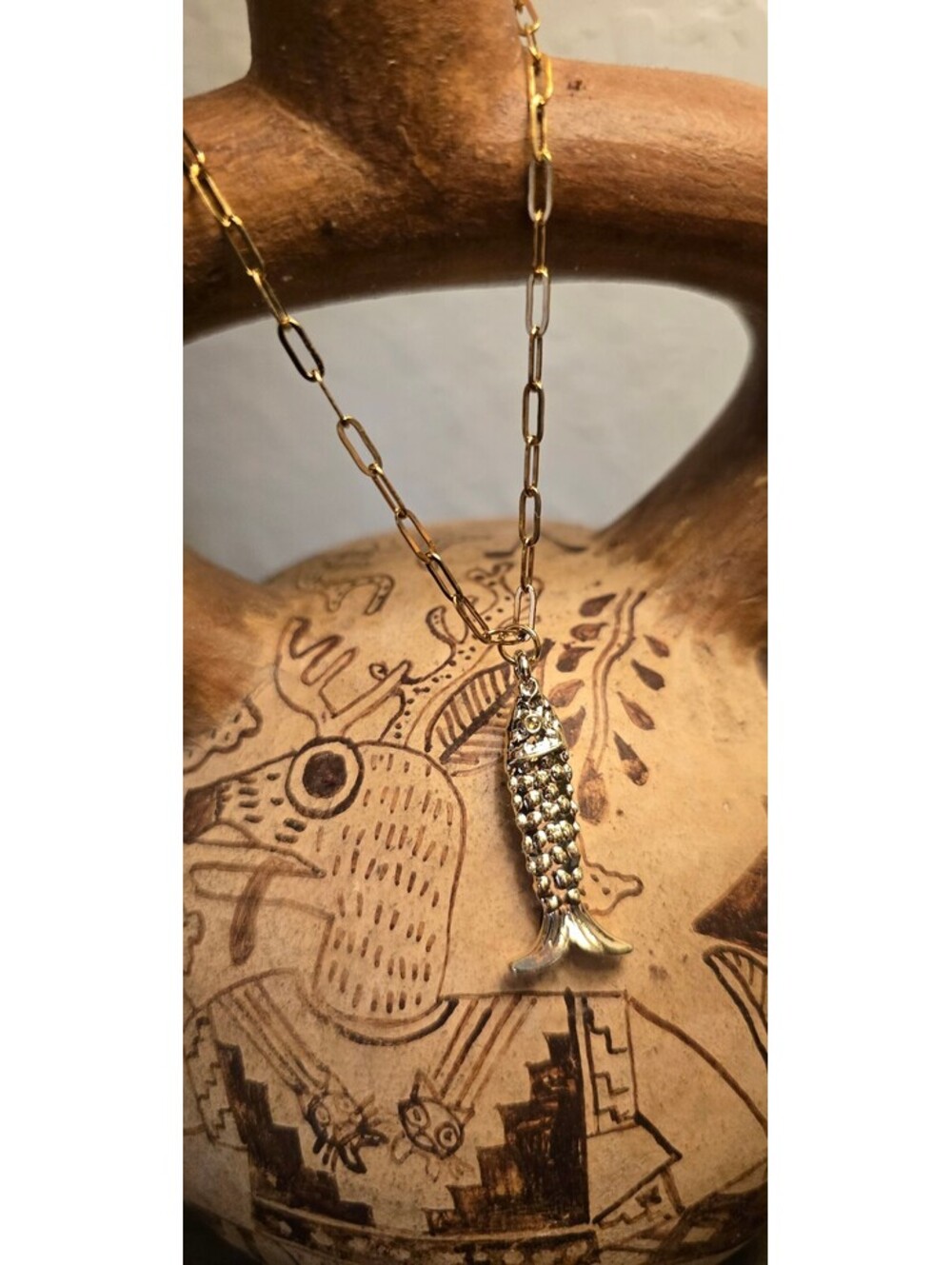 Gold Tone Chain Necklace with Rhinestone Fish Pendant
